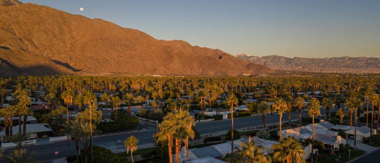 Palm Springs at golden hour, seen from above: streets of palm trees below the San Jacinto mountains with the moon rising